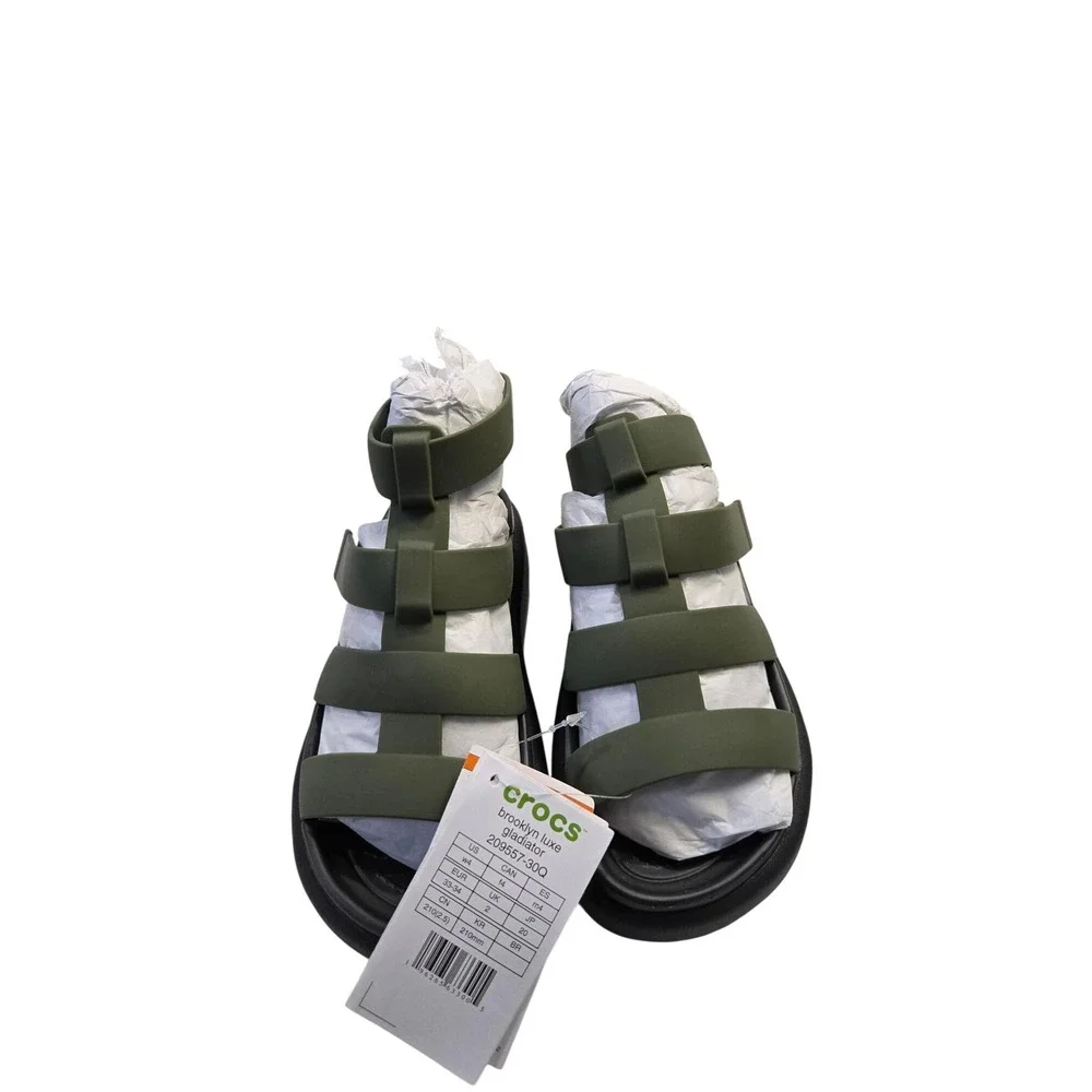 Crocs Brooklyn Luxe Gladiator Sandals Dark Olive Black Platform 209557-30Q SZ 4
